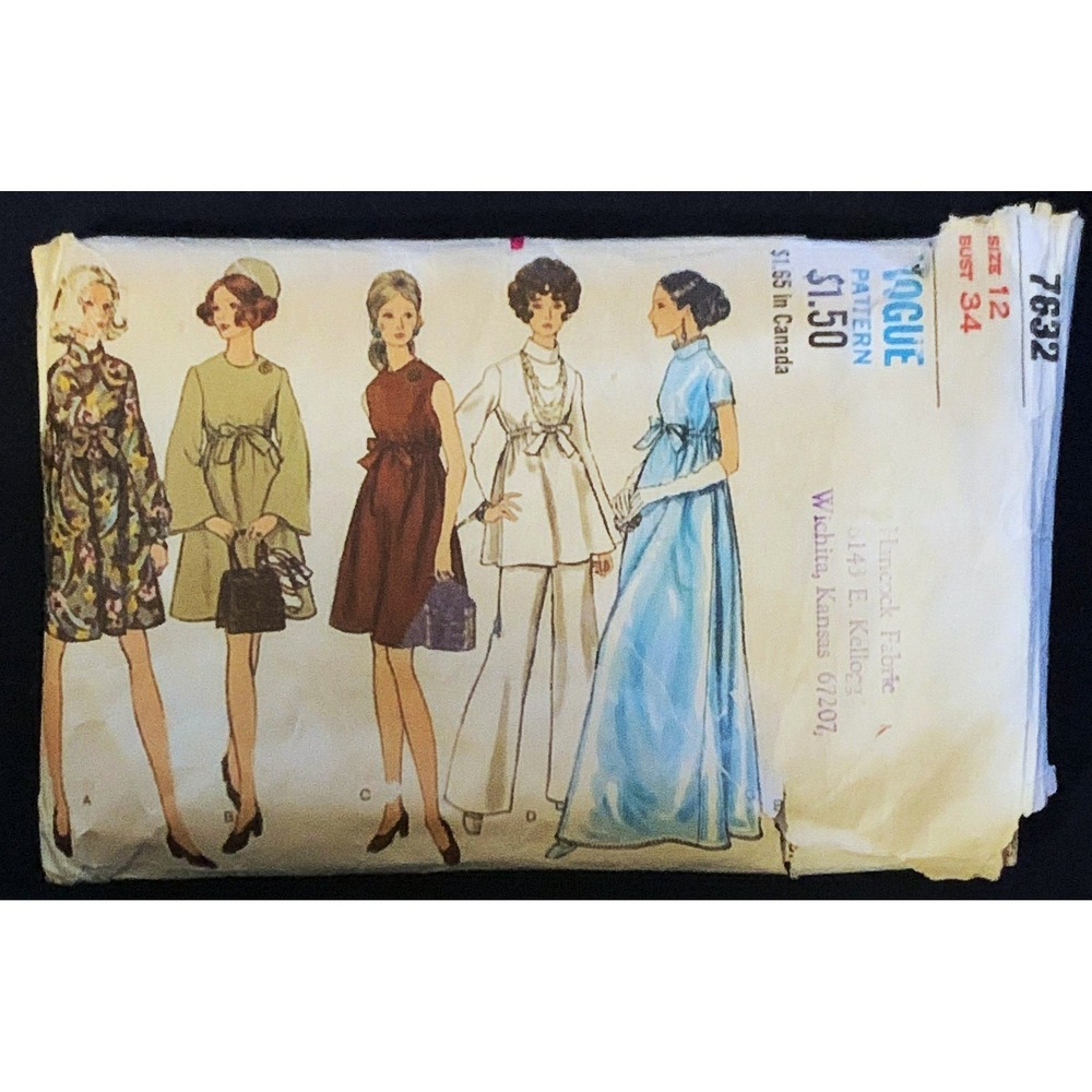 Vogue Pattern 60s Retro Empire Adj Dress Gown Wide Flared Pant EZ Maternity 34"B
